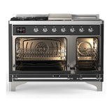 ILVE UM48FSQNR3MGC Majestic III 48 inch Dual Fuel Range with 5 Black Brass Burners, Griddle and French Top, Dual Function Burner up to 25,000 BTU (Natural Gas, Solid Door, Graphite Matte, Chrome)