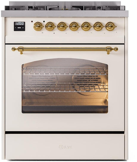 Nostalgie II 30 Inch Dual Fuel Natural Gas Freestanding Range in Antique White with Brass Trim