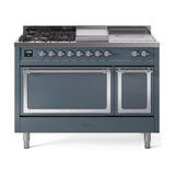 ILVE UN48FSQNMPBGC Nostalgie II Noblesse 48 inch Dual Fuel Range (5 Sealed Burners + Griddle + French Top, Natural Gas, Solid Door, Blue Grey, Chrome)