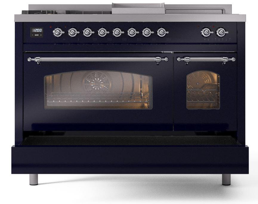 Nostalgie II 48 Inch Dual Fuel Natural Gas Freestanding Range in Blue with Chrome Trim
