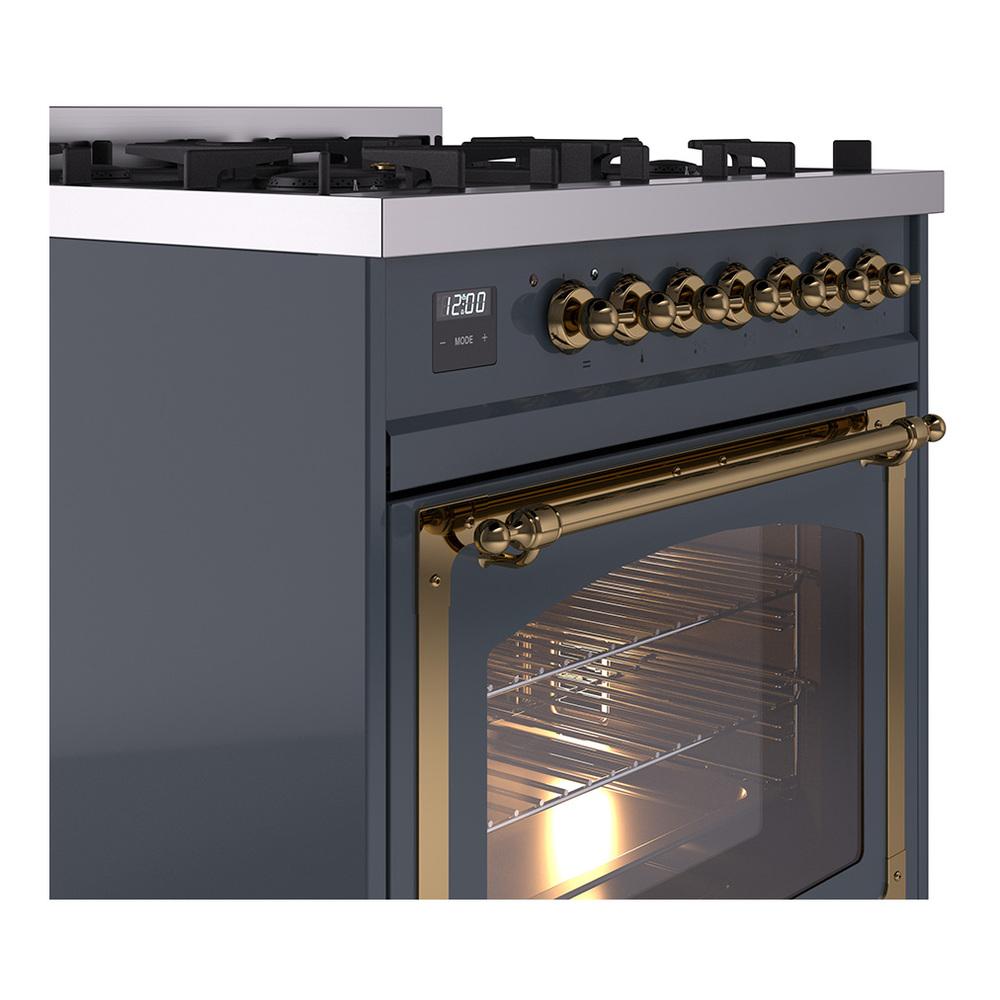 ILVE UN30NMPBGG Nostalgie II Noblesse 30 inch Dual Fuel Range (Natural Gas, Triple Glass Door, Blue Grey, Brass)