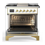 ILVE UM36FQNR3WHGLP Majestic III 36 inch Dual Fuel Range with 6 Black Brass Burners and Griddle, Dual Function Burner up to 25,000 BTU (Solid Door, White, Brass, Liquid Propane)