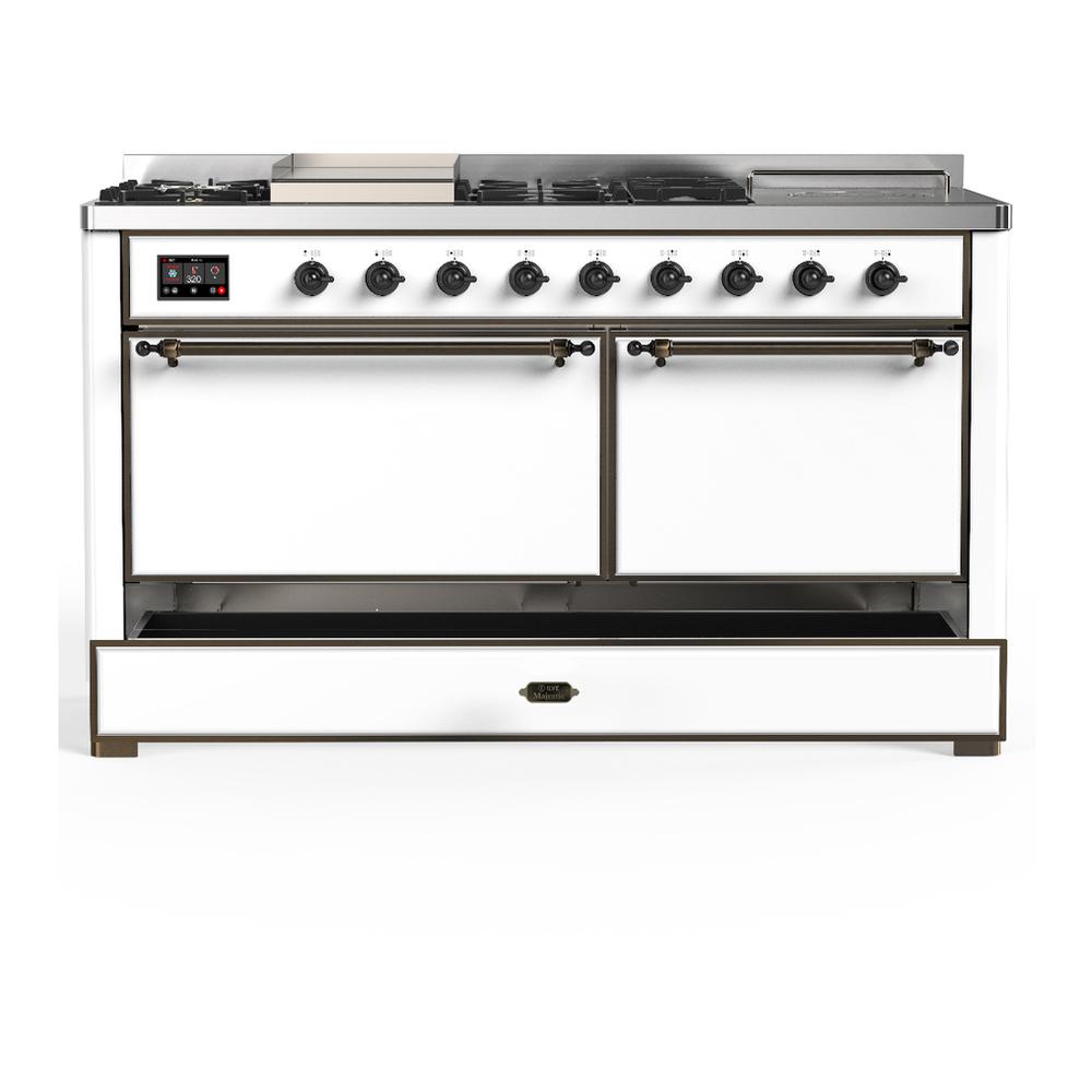ILVE UM60FSQNR3WHBLP Majestic III 60 inch Dual Fuel Range with 7 Burners, Griddle and French Top, Dual Function Burner with up to 25,000 BTU (Liquid Propane, Solid Door, White, Burnished)