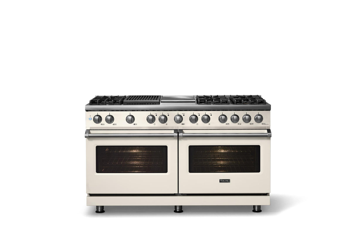 60"W.Dual Fuel Range (Finish: Pure White, Trim: Polished Chrome, Fuel: Natural Gas)