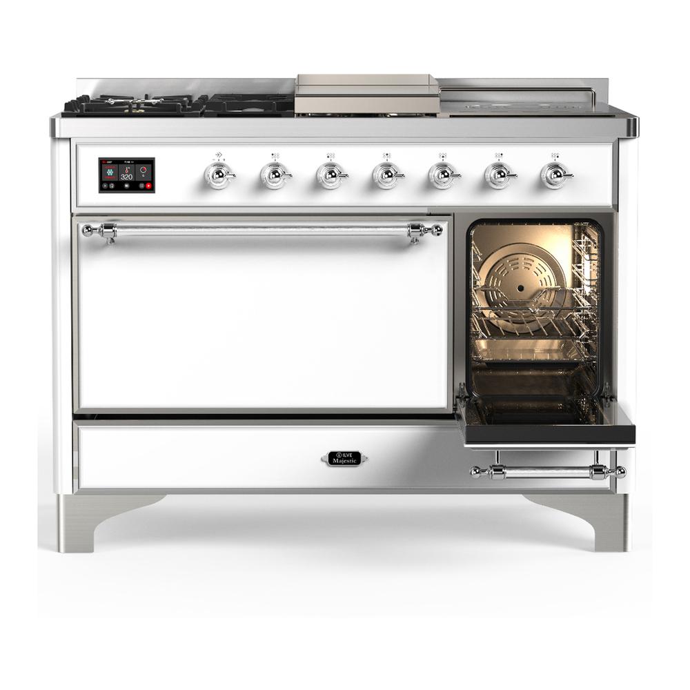 ILVE UM48FSQNR3WHCLP Majestic III 48 inch Dual Fuel Range with 5 Black Brass Burners, Griddle and French Top, Dual Function Burner up to 25,000 BTU (Liquid Propane, Solid Door, White, Chrome)