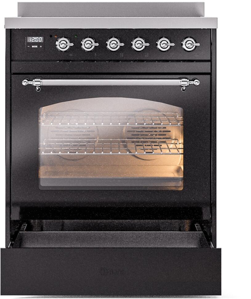 Nostalgie II 30 Inch Electric Freestanding Range in Glossy Black with Chrome Trim