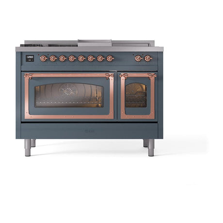 ILVE UN48FSNMPBGP Nostalgie II Noblesse 48 inch Dual Fuel Range (5 Sealed Burners + Griddle + French Top, Natural Gas, Triple Glass Door, Blue Grey, Copper)