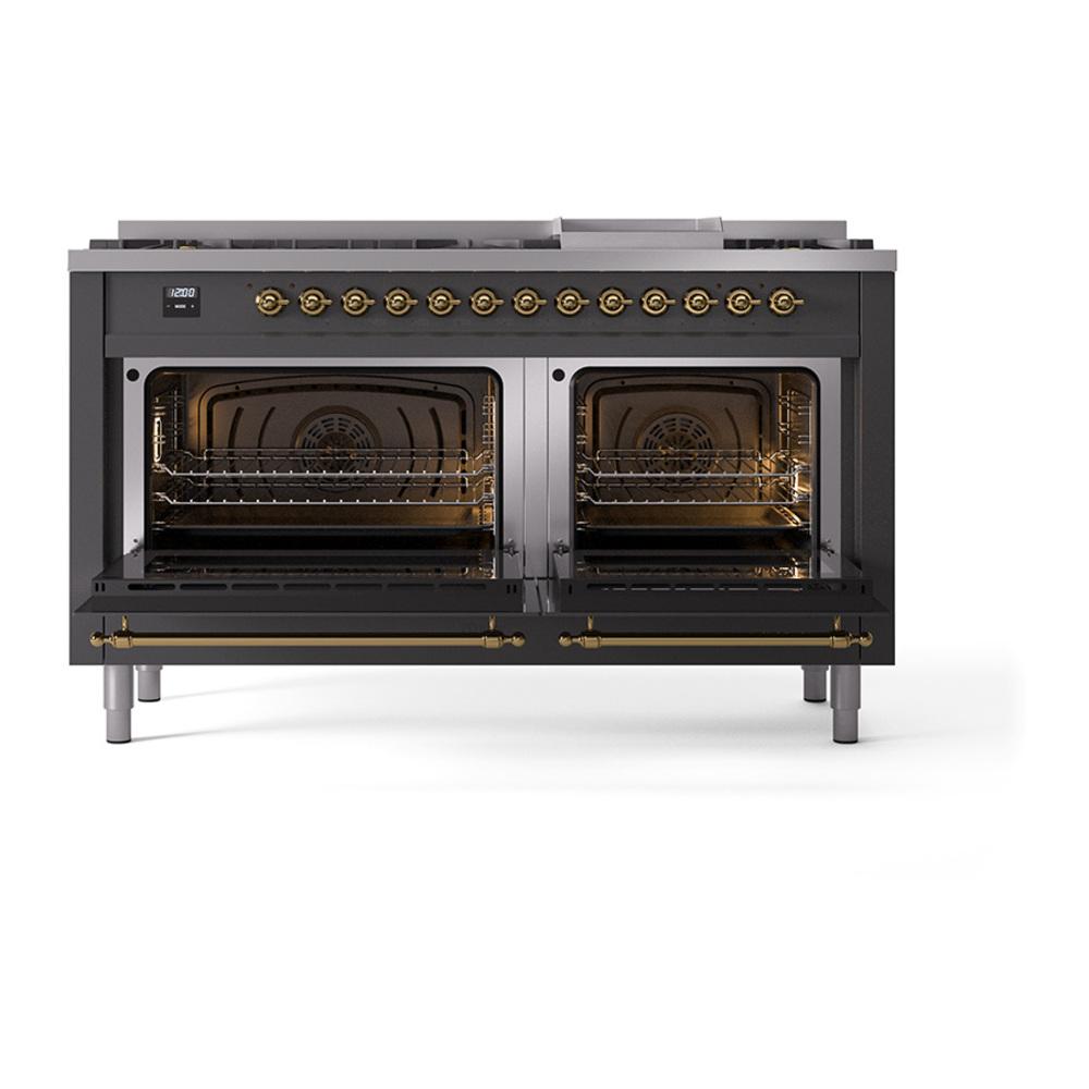 ILVE UN60FQNMPMGGLP Nostalgie II Noblesse 60 inch Dual Fuel Range (9 Sealed Burners + Griddle, Liquid Propane, Solid Door, Graphite Matte, Brass)