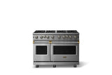 48"W. Open Burner Gas Range (Finish: Stainless Steel, Trim: Brushed Brass, Fuel: Natural Gas)