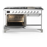 ILVE UM60FQNR3WHCLP Majestic III 60 inch Dual Fuel Range with 9 Burners and Griddle, Dual Function Burner up to 25,000 BTU (Liquid Propane, Solid Door, White, Chrome)