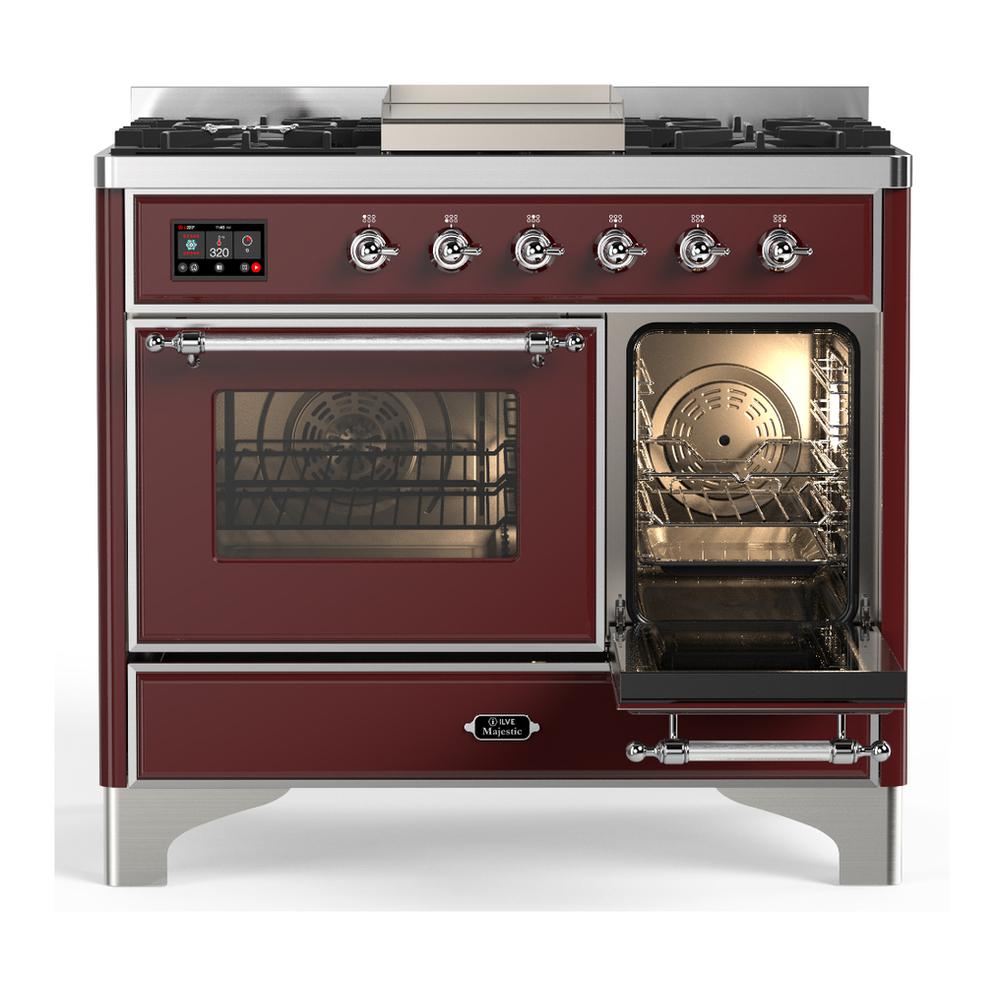 ILVE UMD40FNR3BUCLP Majestic III 40 inch Dual Fuel Range with 6 Burners and Griddle, Dual Function Burner up to 25,000 BTU (Liquid Propane, Triple Glass Door, Burgundy, Chrome)