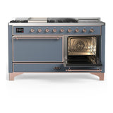 ILVE UM60FSQNR3BGPLP Majestic III 60 inch Dual Fuel Range with 7 Burners, Griddle and French Top, Dual Function Burner with up to 25,000 BTU (Liquid Propane, Solid Door, Blue Grey, Copper)