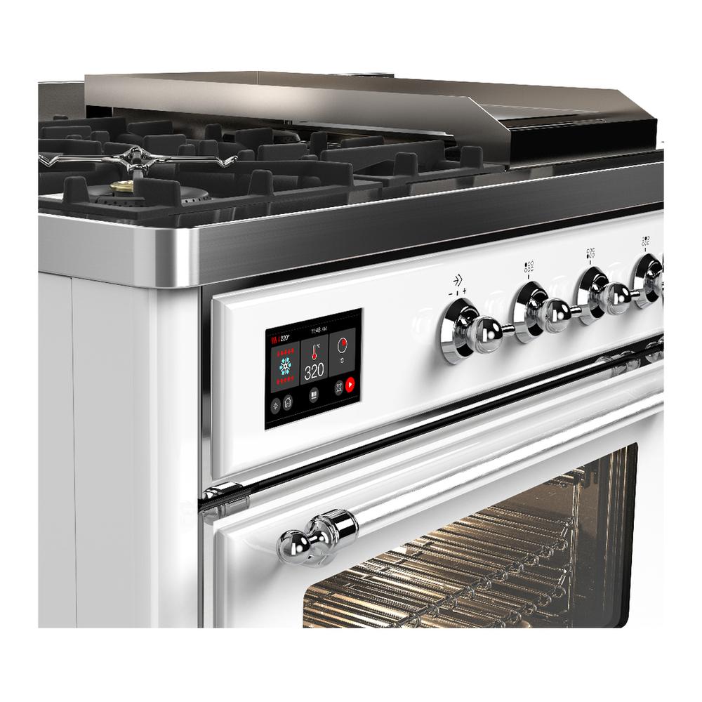ILVE UM48FSNR3WHCLP Majestic III 48 inch Dual Fuel Range with 5 Black Brass Burners, Griddle and French Top, Dual Function Burner up to 25,000 BTU (Liquid Propane, Triple Glass Door, White, Chrome)