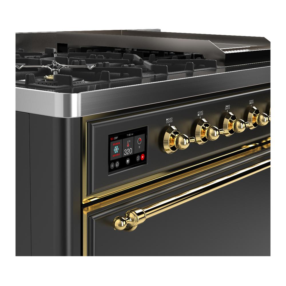 ILVE UM48FQNR3MGGLP Majestic III 48 inch Dual Fuel Range with 8 Burners and Griddle, Dual Function Burner up to 25,000 BTU (Liquid Propane, Solid Door, Graphite Matte, Brass)
