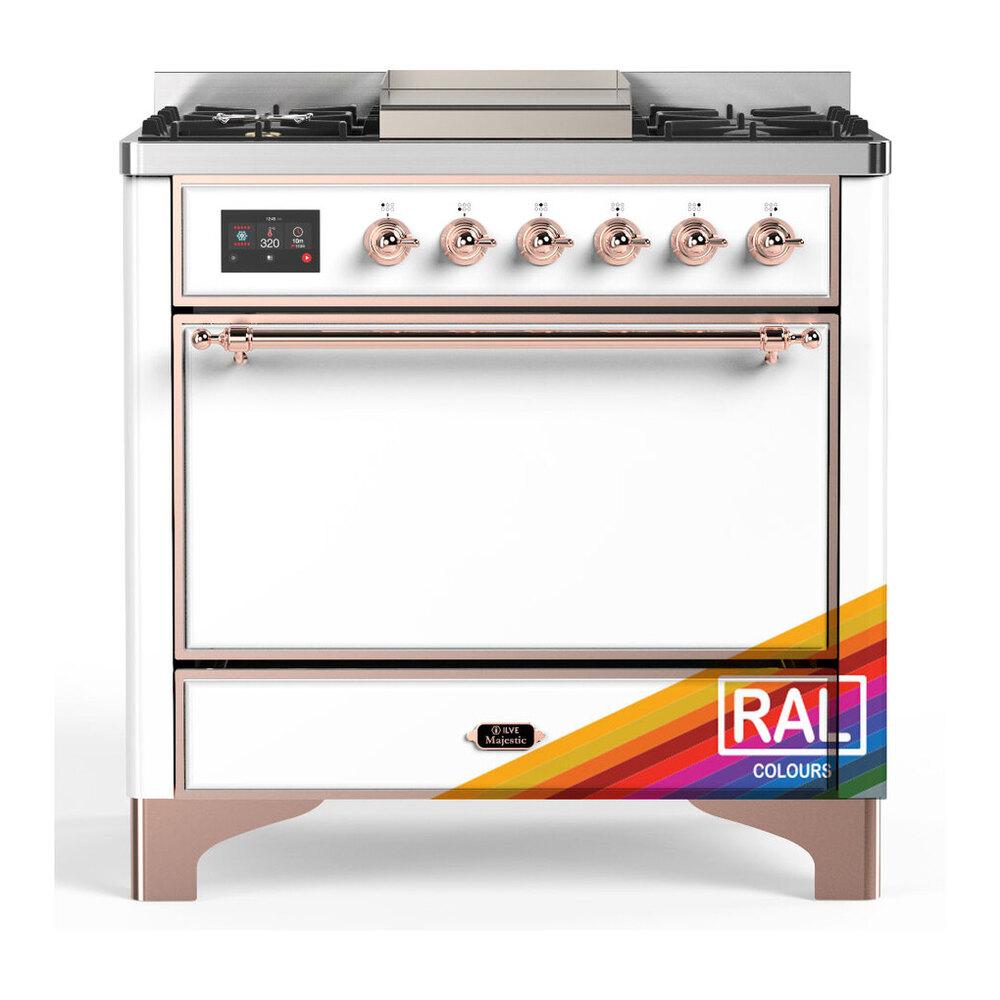 ILVE UM36FQNR3RAP Majestic III 36 inch Dual Fuel Range with 6 Black Brass Burners and Griddle, Dual Function Burner up to 25,000 BTU (Solid Door, RAL, Copper, Natural Gas)