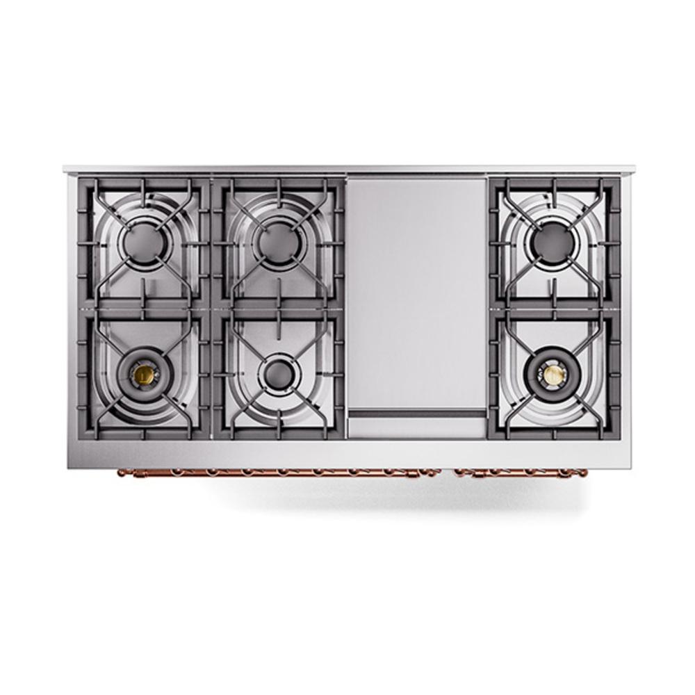 ILVE UN48FQNMPWHP Nostalgie II Noblesse 48 inch Dual Fuel Range (8 Sealed Burners + Griddle, Natural Gas, Solid Door, White, Copper)
