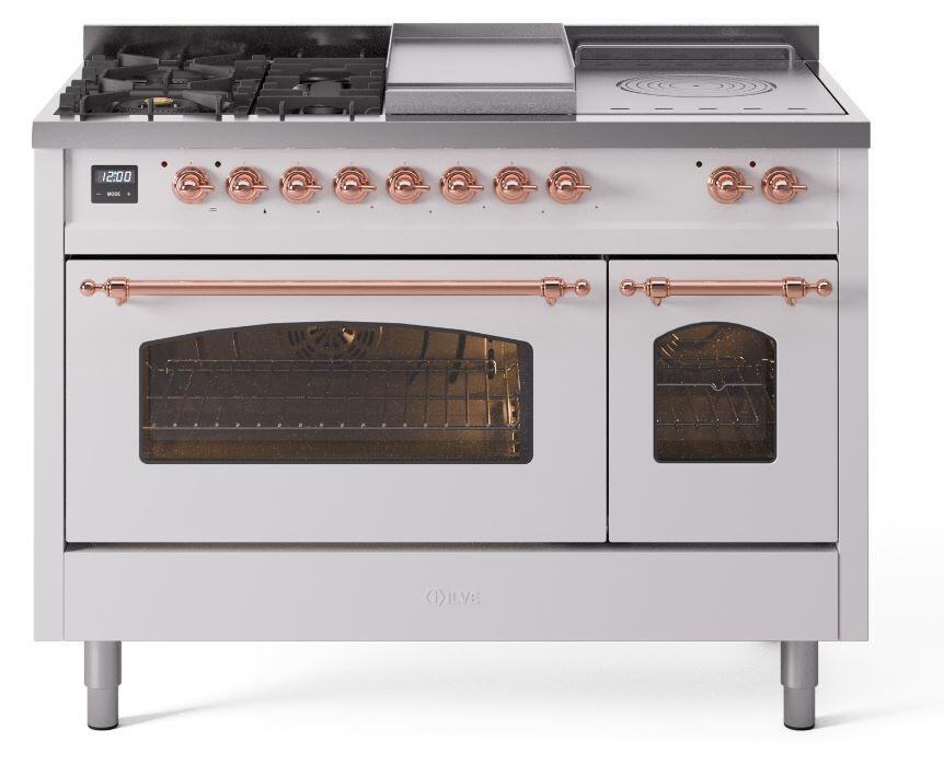 Nostalgie II 48 Inch Dual Fuel Liquid Propane Freestanding Range in White with Copper Trim