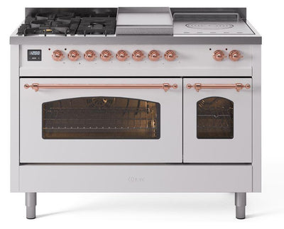Nostalgie II 48 Inch Dual Fuel Liquid Propane Freestanding Range in White with Copper Trim