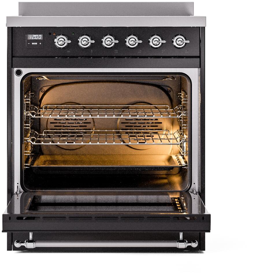 Nostalgie II 30 Inch Electric Freestanding Range in Glossy Black with Chrome Trim