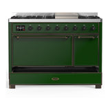 ILVE UM48FQNR3EGBLP Majestic III 48 inch Dual Fuel Range with 8 Burners and Griddle, Dual Function Burner up to 25,000 BTU (Liquid Propane, Solid Door, Emerald Green, Burnished)