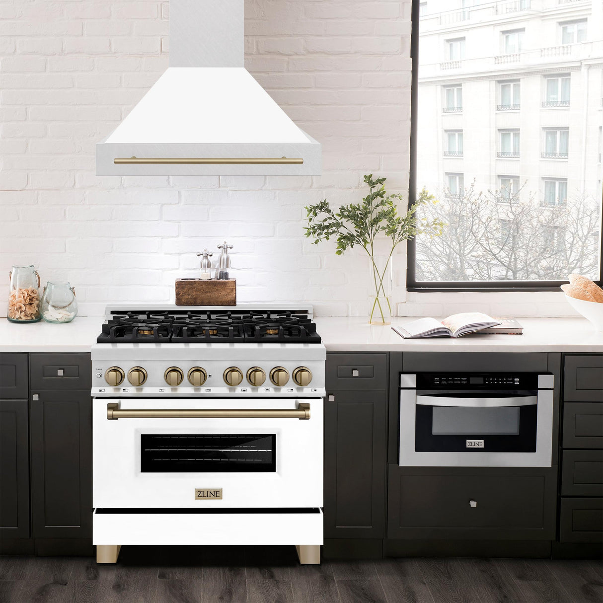 36 in. ZLINE Autograph Edition DuraSnow Stainless Steel Range Hood with White Matte Shell and Accented Handle (8654SNZ-WM36) [Color: Champagne Bronze]