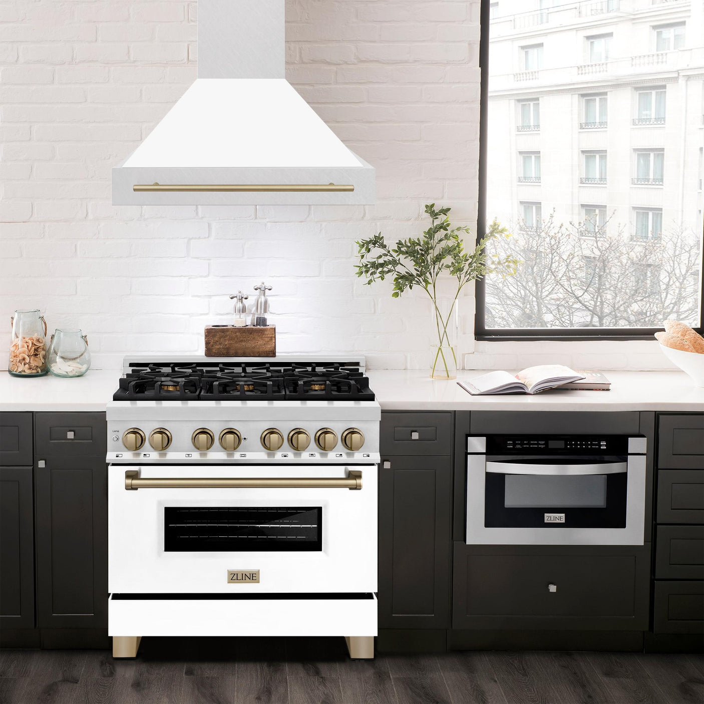 36 in. ZLINE Autograph Edition DuraSnow Stainless Steel Range Hood with White Matte Shell and Accented Handle (8654SNZ-WM36) [Color: Champagne Bronze]