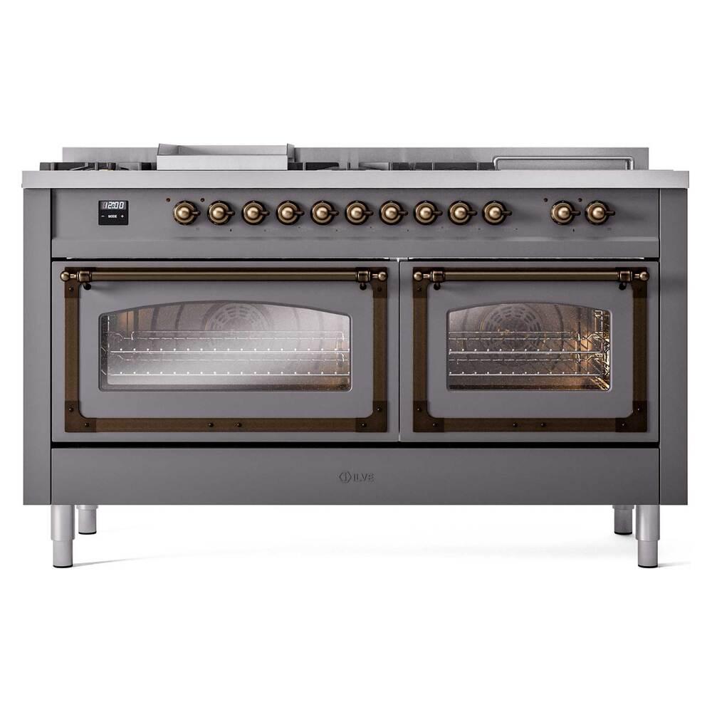 ILVE UN60FSNMPMGBLP Nostalgie II Noblesse 60 inch Dual Fuel Range (7 Sealed Burners + Griddle + French Top, Liquid Propane, Triple Glass Door, Graphite Matte, Burnished)