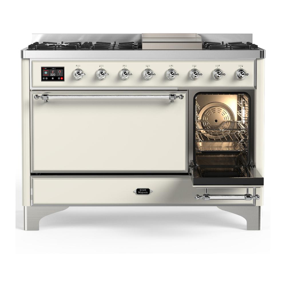 ILVE UM48FQNR3AWC Majestic III 48 inch Dual Fuel Range with 8 Burners and Griddle, Dual Function Burner up to 25,000 BTU (Natural Gas, Solid Door, Antique White, Chrome)
