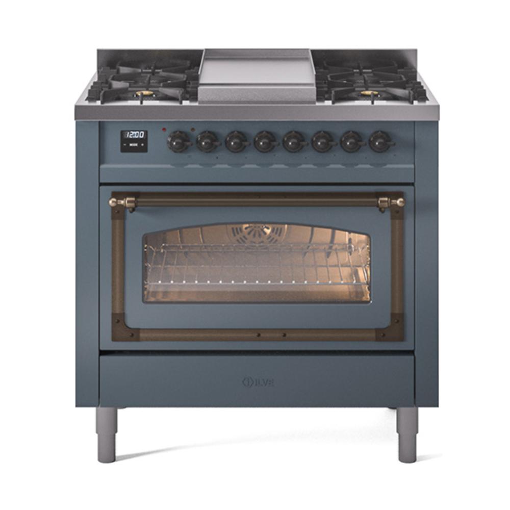 ILVE UN36FNMPBGB Nostalgie II Noblesse 36 inch Dual Fuel Range (Natural Gas, Triple Glass Door, Blue Grey, Burnished)