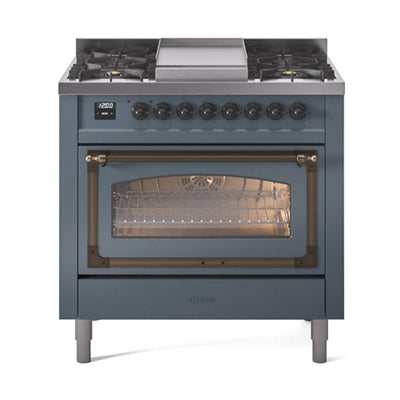ILVE UN36FNMPBGB Nostalgie II Noblesse 36 inch Dual Fuel Range (Natural Gas, Triple Glass Door, Blue Grey, Burnished)