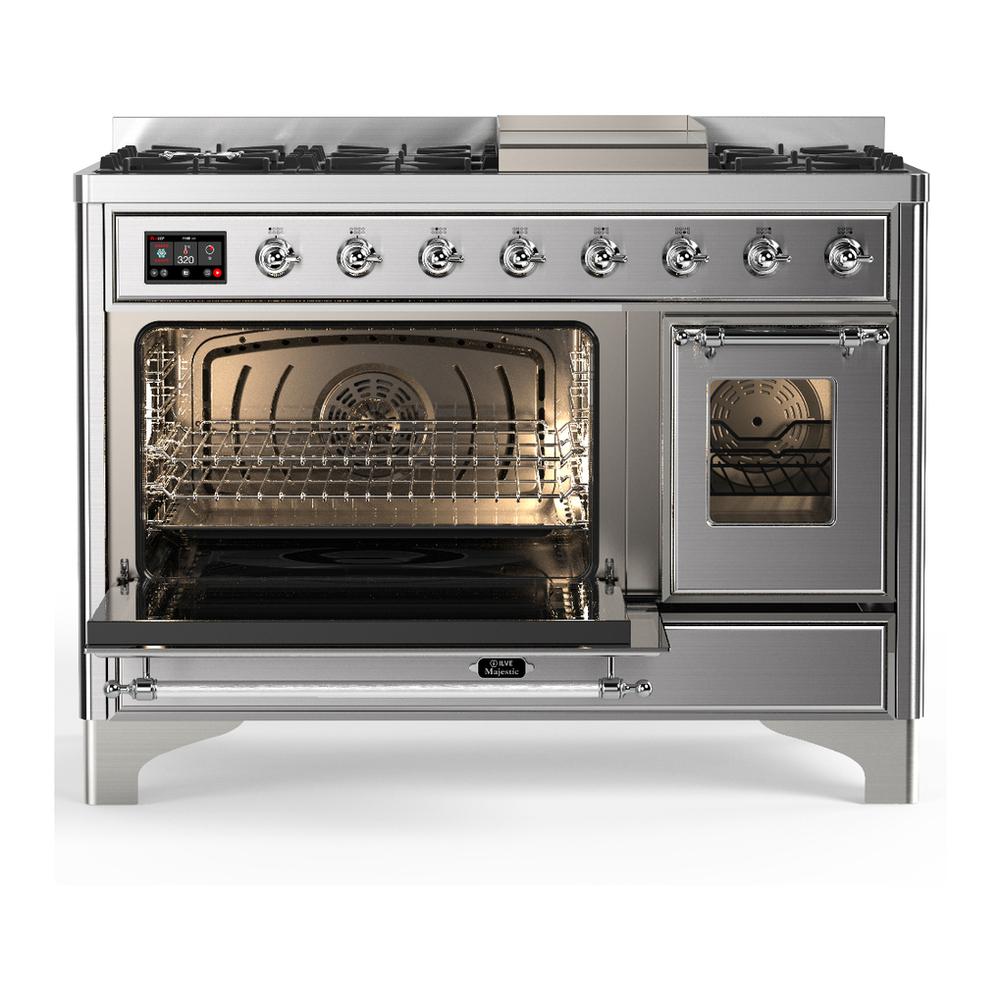 ILVE UM48FNR3SSC Majestic III 48 inch Dual Fuel Range with 8 Burners and Griddle, Dual Function Burner up to 25,000 BTU (Natural Gas, Triple Glass Door, Stainless Steel, Chrome)