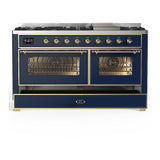 ILVE UM60FNR3MBGLP Majestic III 60 inch Dual Fuel Range with 9 Burners and Griddle, Dual Function Burner up to 25,000 BTU (Liquid Propane, Triple Glass Door, Midnight Blue, Brass)