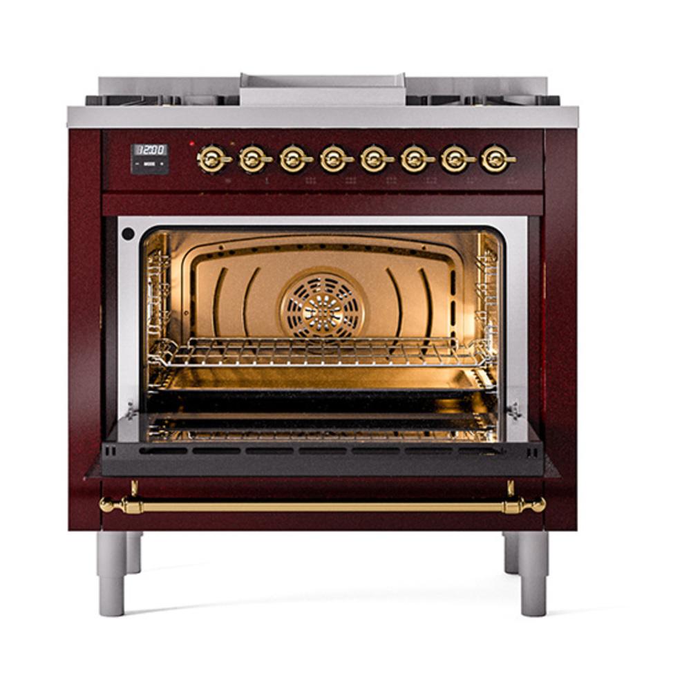 ILVE UN36FNMPBUG Nostalgie II Noblesse 36 inch Dual Fuel Range (Natural Gas, Triple Glass Door, Burgundy, Brass)
