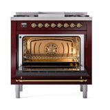 ILVE UN36FNMPBUG Nostalgie II Noblesse 36 inch Dual Fuel Range (Natural Gas, Triple Glass Door, Burgundy, Brass)