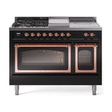 ILVE UN48FSNMPBKP Nostalgie II Noblesse 48 inch Dual Fuel Range (5 Sealed Burners + Griddle + French Top, Natural Gas, Triple Glass Door, Glossy Black, Copper)