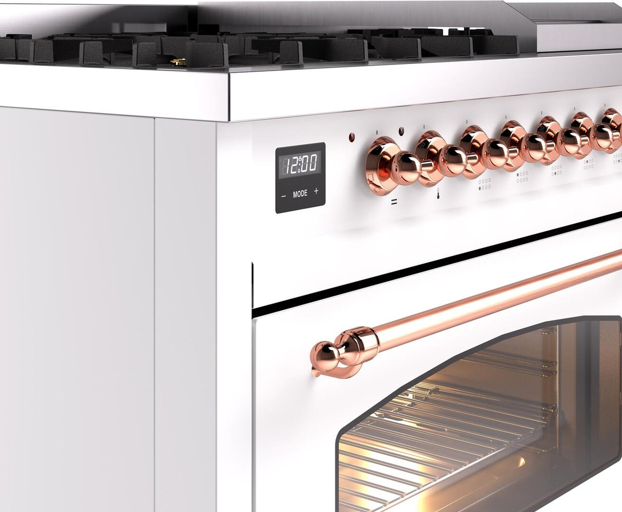 Nostalgie II 48 Inch Dual Fuel Natural Gas Freestanding Range in White with Copper Trim