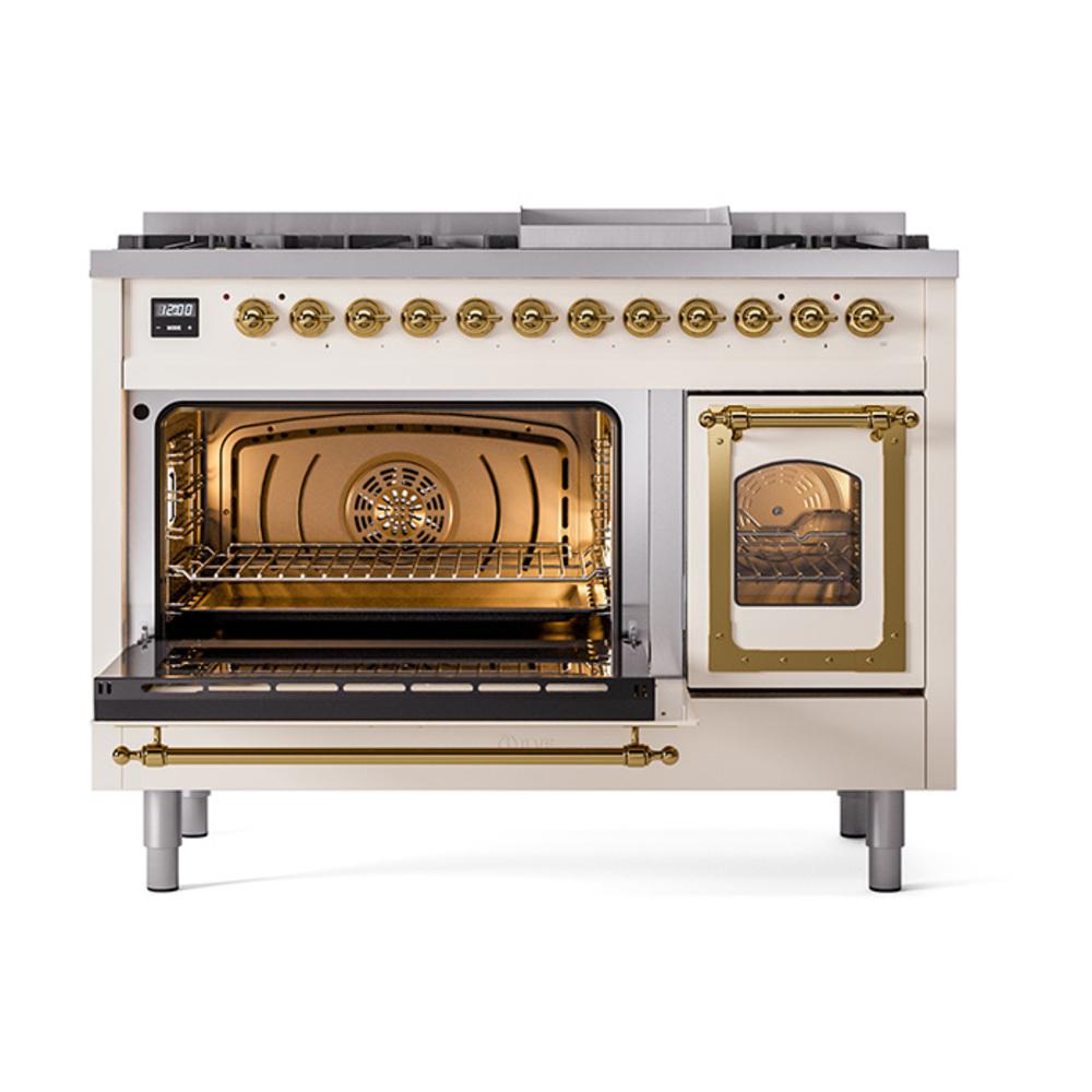 ILVE UN48FNMPAWG Nostalgie II Noblesse 48 inch Dual Fuel Range (8 Sealed Burners + Griddle, Natural Gas, Triple Glass Door, Antique White, Brass)