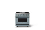 36"W. Dual Fuel Range (Burner: 4g, Finish: November Sky, Trim: Polished Chrome, Fuel: Natural Gas)