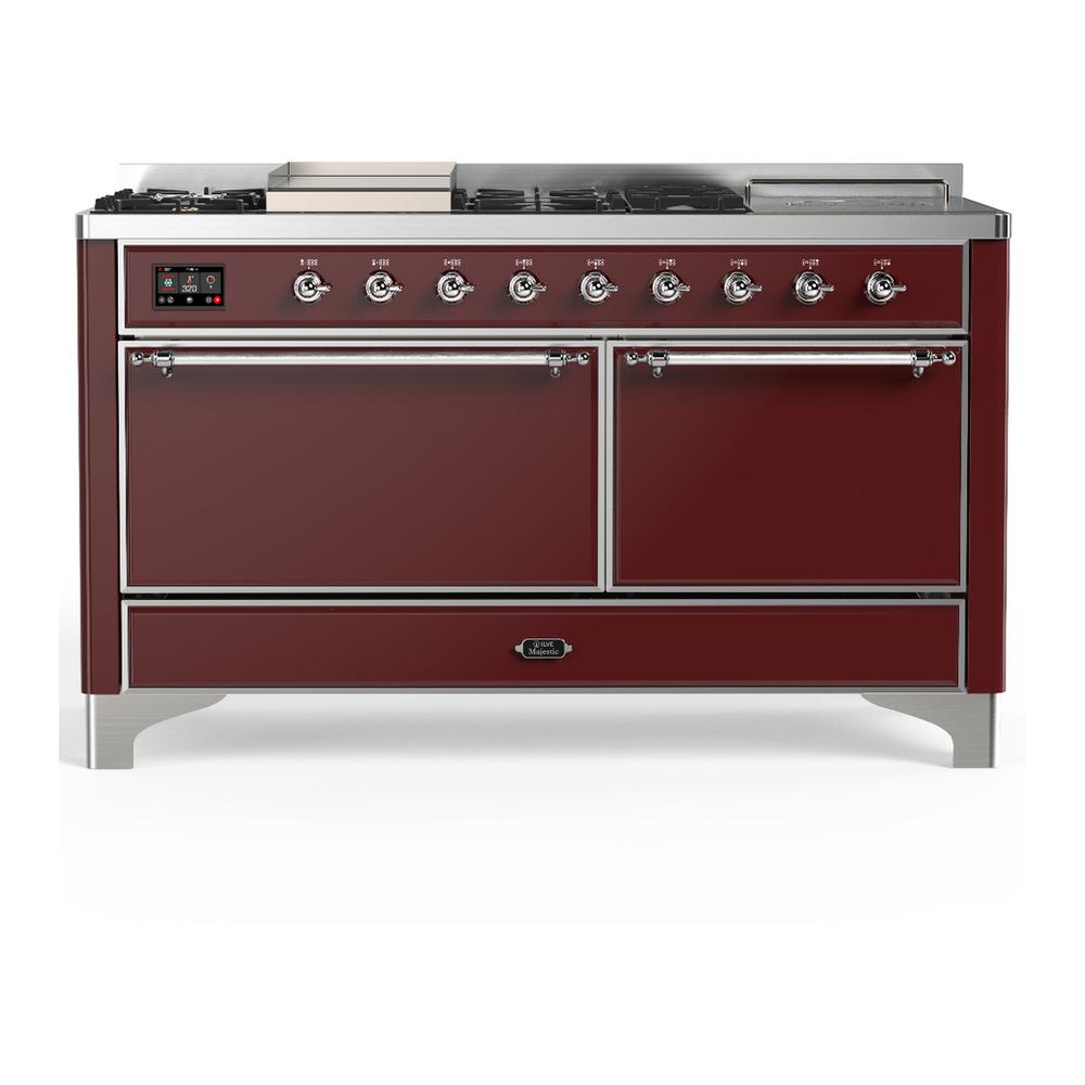 ILVE UM60FSQNR3BUCLP Majestic III 60 inch Dual Fuel Range with 7 Burners, Griddle and French Top, Dual Function Burner with up to 25,000 BTU (Liquid Propane, Solid Door, Burgundy, Chrome)