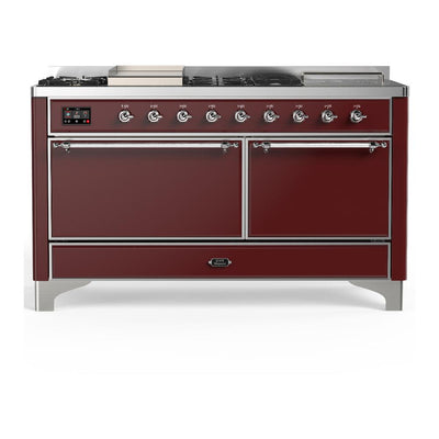 ILVE UM60FSQNR3BUCLP Majestic III 60 inch Dual Fuel Range with 7 Burners, Griddle and French Top, Dual Function Burner with up to 25,000 BTU (Liquid Propane, Solid Door, Burgundy, Chrome)