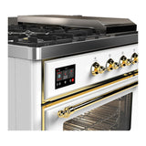 ILVE UM48FSNR3WHG Majestic III 48 inch Dual Fuel Range with 5 Black Brass Burners, Griddle and French Top, Dual Function Burner up to 25,000 BTU (Natural Gas, Triple Glass Door, White, Brass)