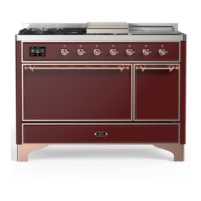 ILVE UM48FSQNR3BUPLP Majestic III 48 inch Dual Fuel Range with 5 Black Brass Burners, Griddle and French Top, Dual Function Burner up to 25,000 BTU (Liquid Propane, Solid Door, Burgundy, Copper)