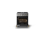 30"W. Open Burner Gas Range (Finish: Cast Black, Trim: Brushed Brass, Fuel: Natural Gas)