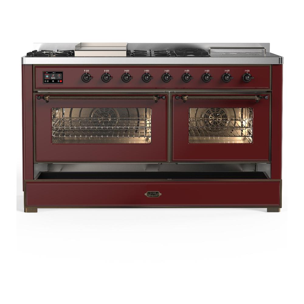 ILVE UM60FSNR3BUBLP Majestic III 60 inch Dual Fuel Range with 7 Burners, Griddle and French Top, Dual Function Burner with up to 25,000 BTU (Liquid Propane, Triple Glass Door, Burgundy, Burnished)