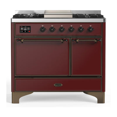 ILVE UMD40FQNR3BUBLP Majestic III 40 inch Dual Fuel Range with 6 Burners and Griddle, Dual Function Burner up to 25,000 BTU (Liquid Propane, Solid Door, Burgundy, Burnished)