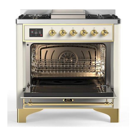 ILVE UM36FNR3AWGLP Majestic III 36 inch Dual Fuel Range with 6 Black Brass Burners and Griddle, Dual Function Burner up to 25,000 BTU (Triple Glass Door, Antique White, Brass, Liquid Propane)