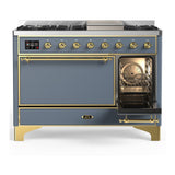 ILVE UM48FQNR3BGG Majestic III 48 inch Dual Fuel Range with 8 Burners and Griddle, Dual Function Burner up to 25,000 BTU (Natural Gas, Solid Door, Blue Grey, Brass)