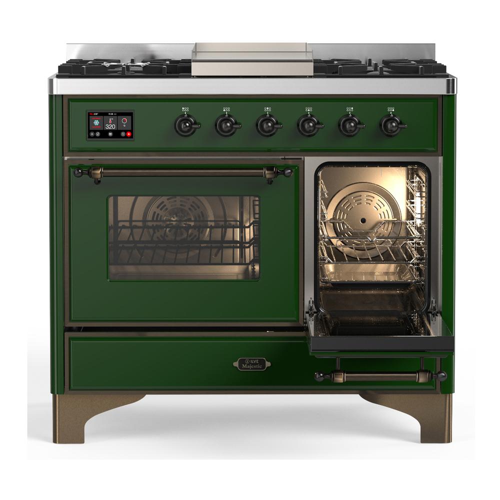 ILVE UMD40FNR3EGBLP Majestic III 40 inch Dual Fuel Range with 6 Burners and Griddle, Dual Function Burner up to 25,000 BTU (Liquid Propane, Triple Glass Door, Emerald Green, Burnished)