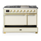 ILVE UM48FQNR3AWG Majestic III 48 inch Dual Fuel Range with 8 Burners and Griddle, Dual Function Burner up to 25,000 BTU (Natural Gas, Solid Door, Antique White, Brass)