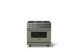 36"W. Open Burner Gas Range (Finish: Eucalyptus, Trim: Brushed Brass, Fuel: Propane)